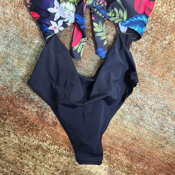Black floral one piece swimsuit with tie front and high cut bottoms - Picture 4 of 4